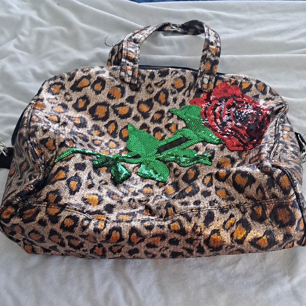 Leopard Print Bag with Red Rose Embellishment